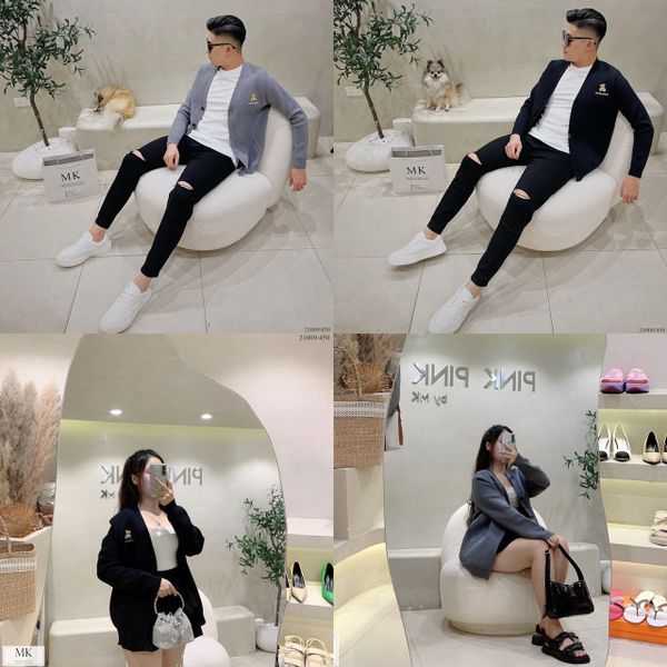  [ẢNH THẬT] Áo Khoác Cardigan Nam Nữ Đen/Be Họa Tiết Gấu Ngực 21009 
