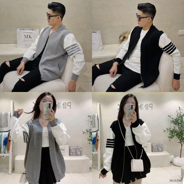  [ẢNH THẬT] Áo Khoác Cardigan Nam Nữ Đen/Xám Phối Sọc Tay 9819 