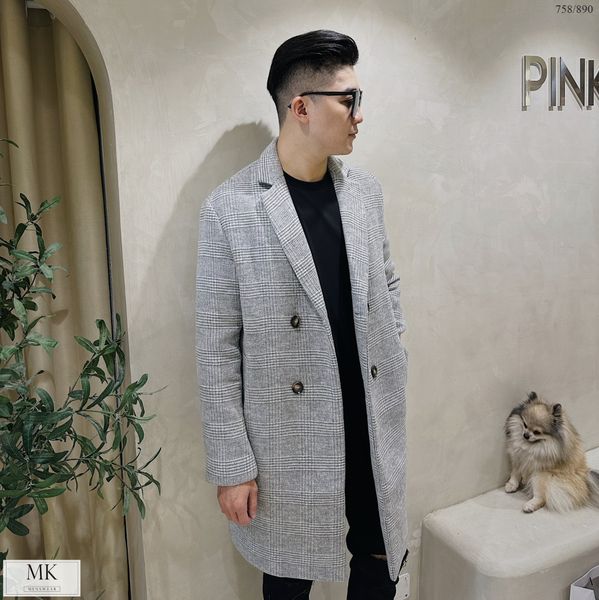  [ẢNH THẬT] Áo Khoác Dạ Dài Nam Màu Ghi Nhạt Phối Kẻ 758 