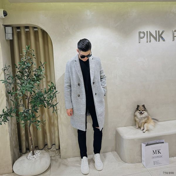  [ẢNH THẬT] Áo Khoác Dạ Dài Nam Màu Ghi Nhạt Phối Kẻ 758 