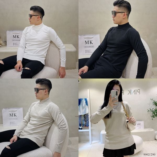  [ẢNH THẬT] Áo Len Dài Tay Nam Nữ Cổ 3 Phân Đen/Trắng/Be 9902 