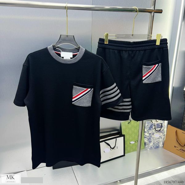  [ẢNH THẬT] Set Bộ Ngắn Tay Nam Nữ Cải Sọc Túi Ngực Ghi/Đen 