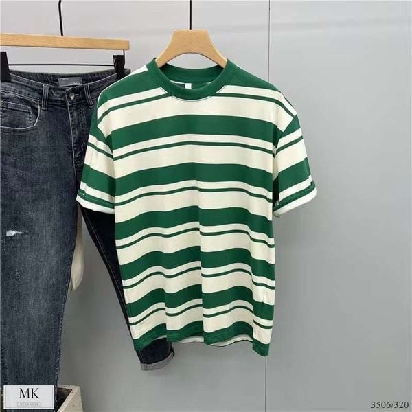  [ẢNH THẬT] Áo Phông Ngắn Tay Nam Nữ Kẻ Sọc Nâu/Xanh Lá 7506 