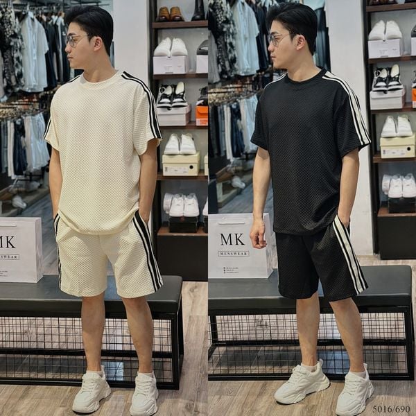  [ẢNH THẬT] Set Bộ Nam Nữ Cotton Cải Sọc Đen/Be 5016 