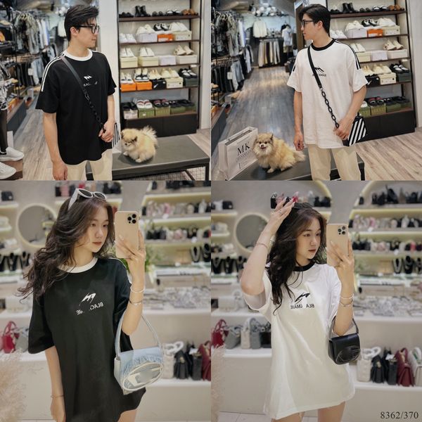  [ẢNH THẬT] Áo Phông Ngắn Tay Nam Nữ Cải Vai Logo Ngực Đen/Trắng 8362 