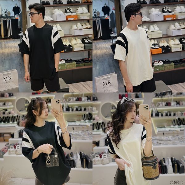  [ẢNH THẬT] Áo Phông Ngắn Tay Nam Nữ Cải Tay Đen/Be 5020 