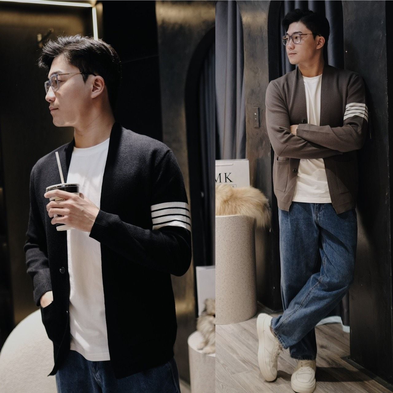  [ẢNH THẬT] Áo Khoác Cardigan Nam Nữ Cải Sọc Tay Đen/Rêu 903 