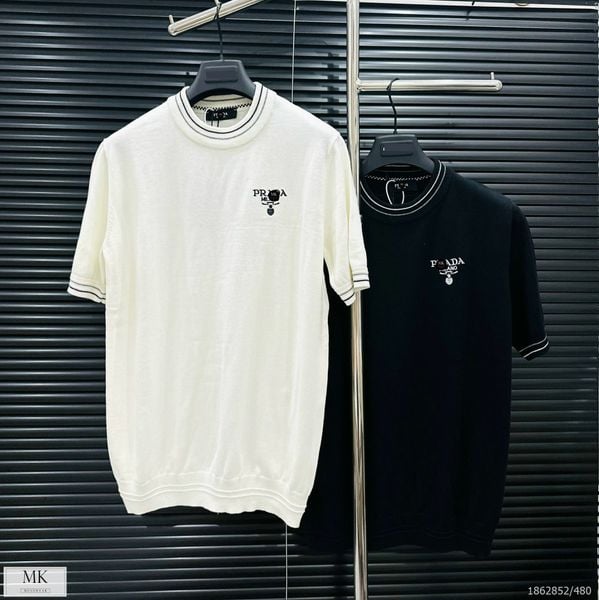  [ẢNH THẬT] Áo Polo Ngắn Tay Len Mongtoghi Ngắn Tay Nam Nữ Logo Nhỏ, Viền Cổ Áo Và Tay Áo 2 Màu Đen/Trắng 