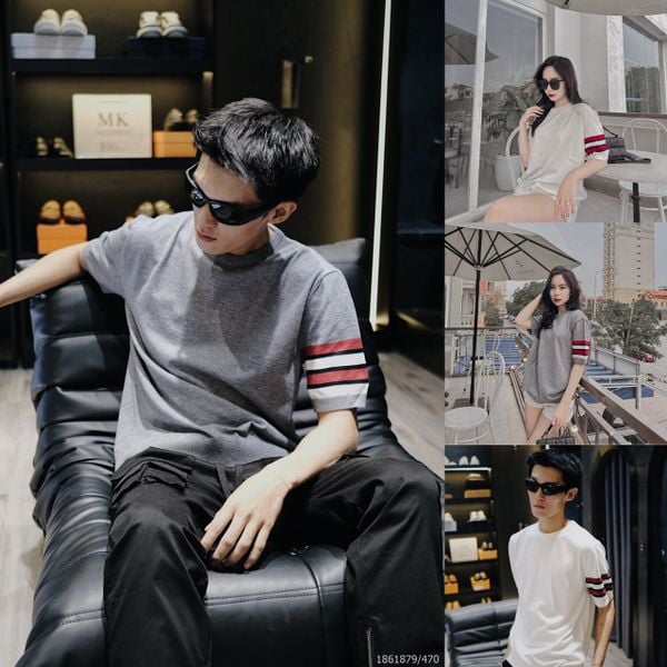  [ẢNH THẬT] Áo Ngắn Tay Len Mongtoghi Ngắn Tay Nam Nữ Sọc Tay 2 Màu Trắng/Ghi 