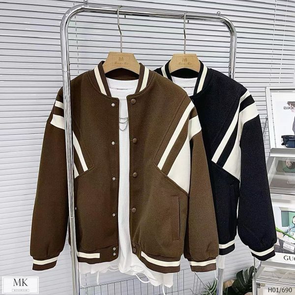  [ẢNH THẬT] Áo Khoác Bomber Nam Nữ Phối Vai Chất Dạ H01 2 Màu Đen/Nâu 