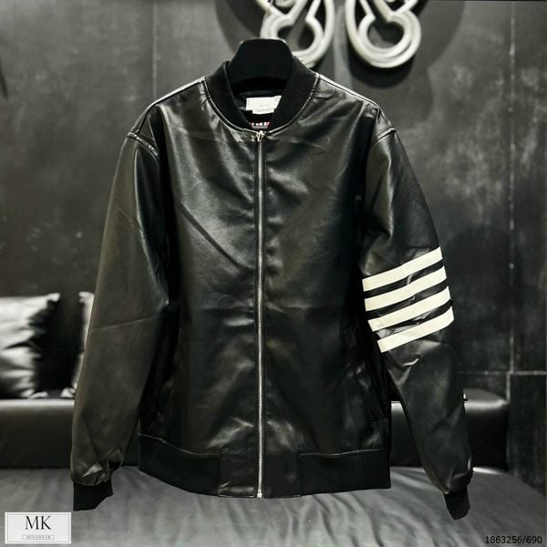  [ẢNH THẬT] Áo Khoác Bomber Da Nam Nữ Duy Nhất Màu Đen Kẻ Sọc Tay 