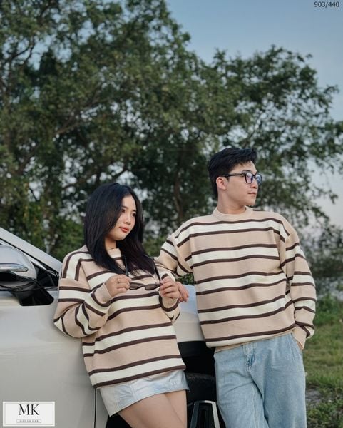  [ẢNH THẬT] Áo Len Nam Nữ Kẻ Ngang Màu Be Nâu 903 