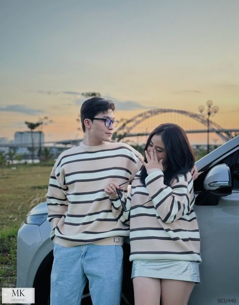  [ẢNH THẬT] Áo Len Nam Nữ Kẻ Ngang Màu Be Nâu 903 