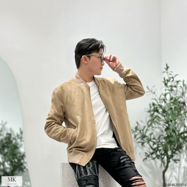  [ẢNH THẬT] Áo Khoác Bomber Da Lộn Nam Nữ Trơn Duy Nhất Màu Caramel 