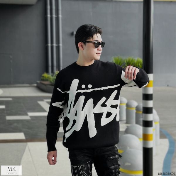  [ẢNH THẬT] Áo Len Đôi Nam Nữ Duy Nhất Màu Đen Chữ Trắng Stusy 