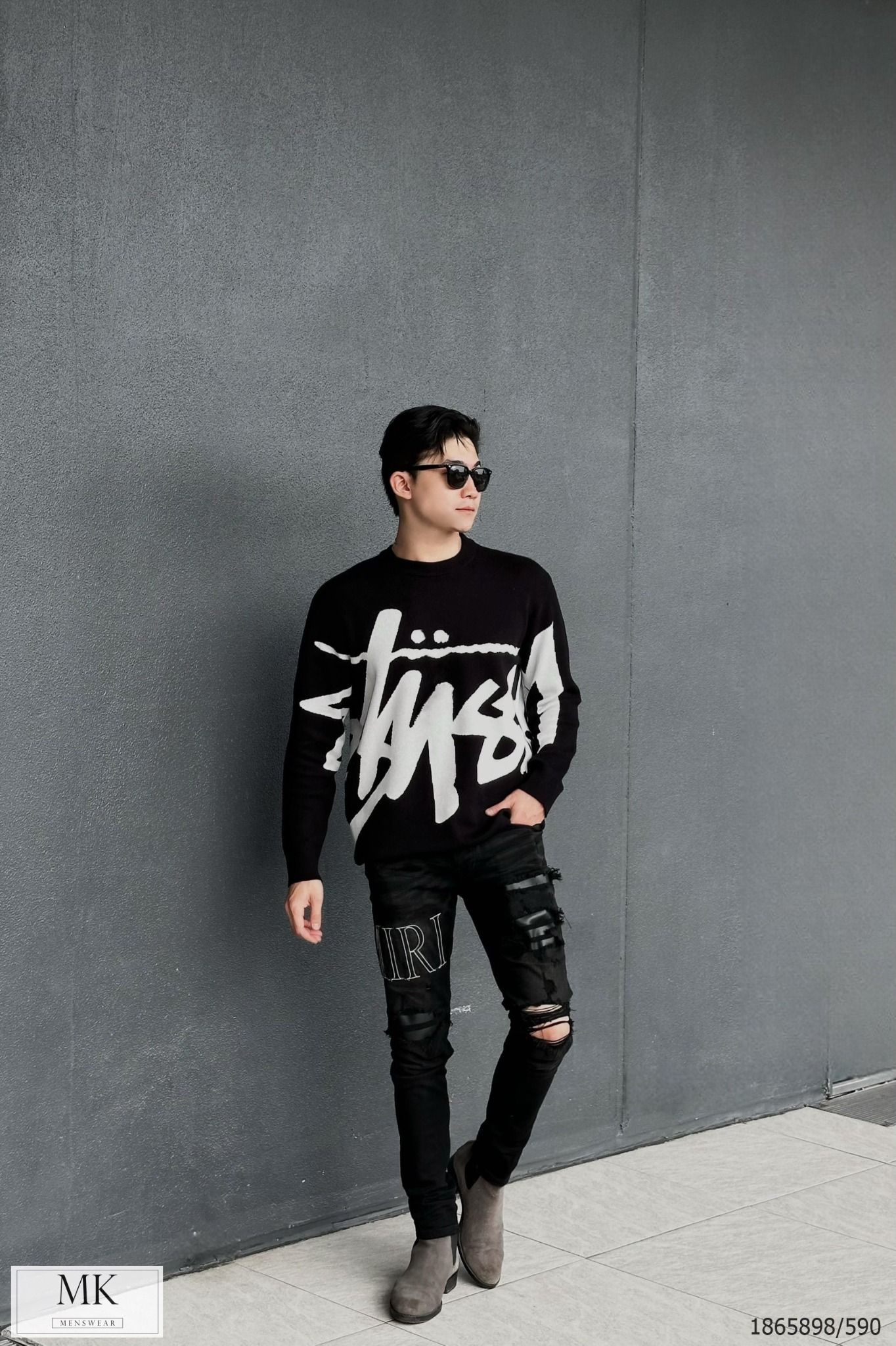  [ẢNH THẬT] Áo Len Đôi Nam Nữ Duy Nhất Màu Đen Chữ Trắng Stusy 