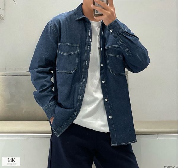  [ẢNH THẬT] Áo Sơ Mi Dài Tay Nam Nữ Denim Trơn Xanh Đậm S043 