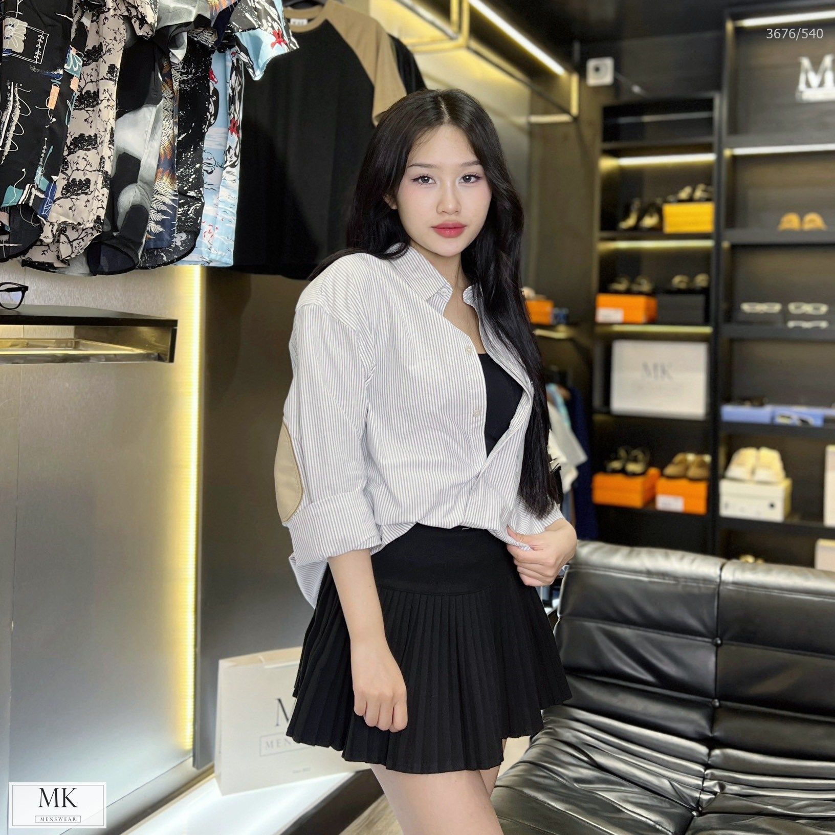  [ẢNH THẬT] Áo Sơ Mi Dài Tay Nam Nữ Kẻ Ghi Phối Miếng Vá 