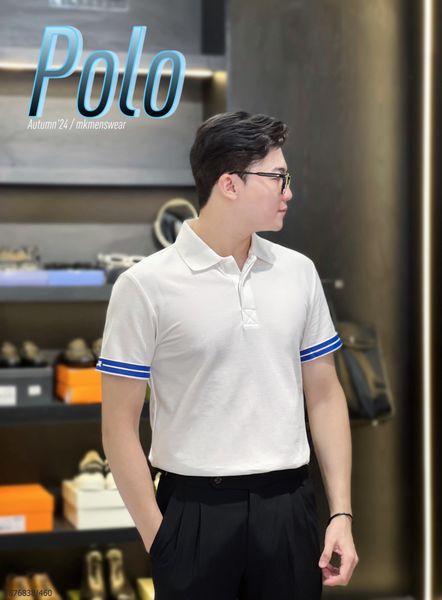  MK Áo Polo Ngắn Tay Nam Nữ Duy Nhất Màu Trắng Cải Viền Tay Xanh 