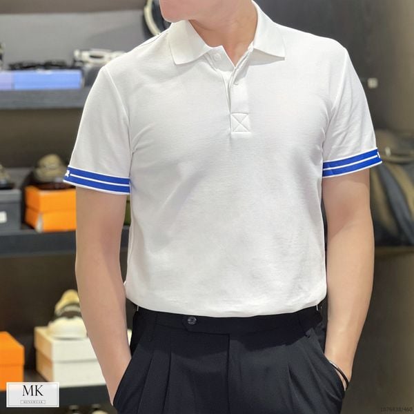  MK Áo Polo Ngắn Tay Nam Nữ Duy Nhất Màu Trắng Cải Viền Tay Xanh 
