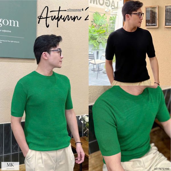  [MK ẢNH THẬT] Áo Ngắn Tay Len Mongtoghi Ngắn Tay Nam Nữ Cổ Tròn 2 Màu Đen/Xanh Lá 