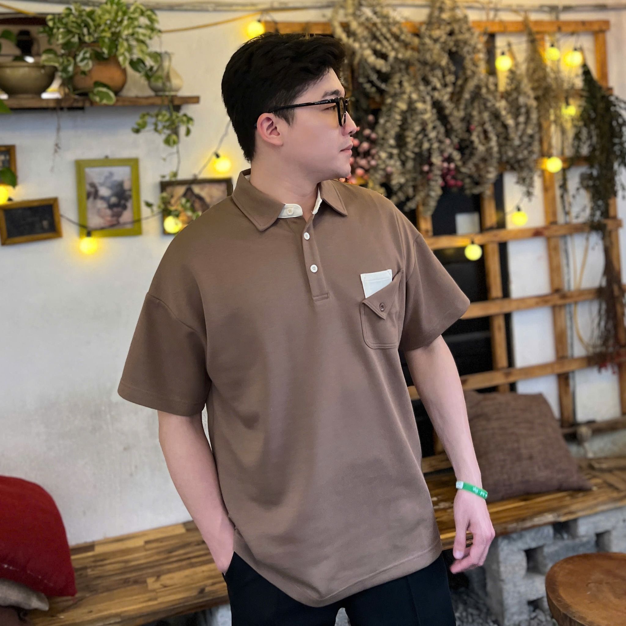  [ẢNH THẬT] Polo Ngắn Tay Nam Nữ Túi Ngực Nâu N7029 