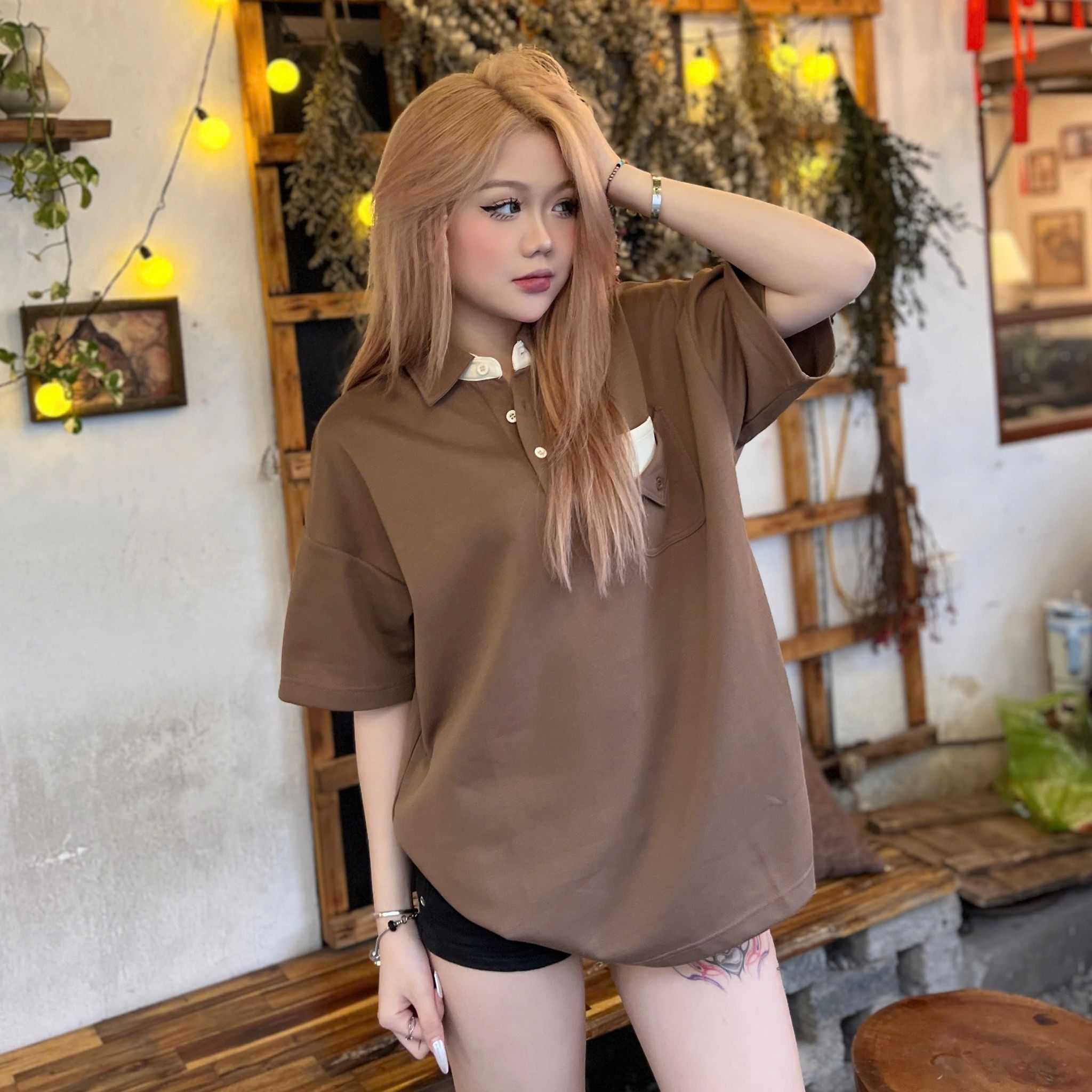  [ẢNH THẬT] Polo Ngắn Tay Nam Nữ Túi Ngực Nâu N7029 
