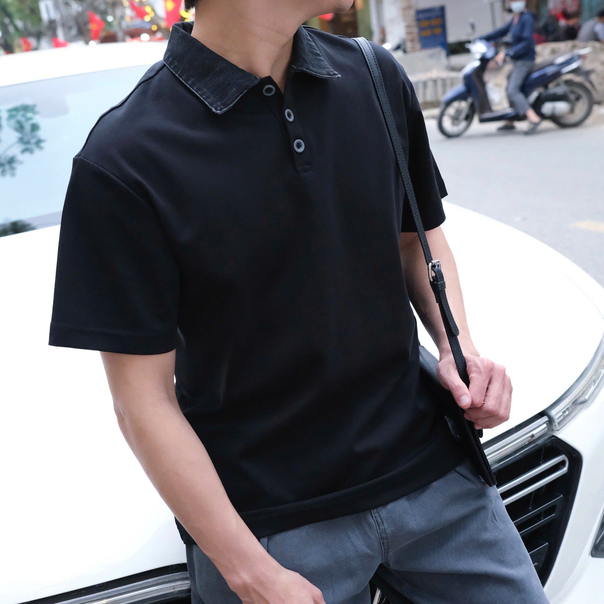  [ẢNH THẬT] Polo Ngắn Tay Nam Phối Cổ Denim 5879 