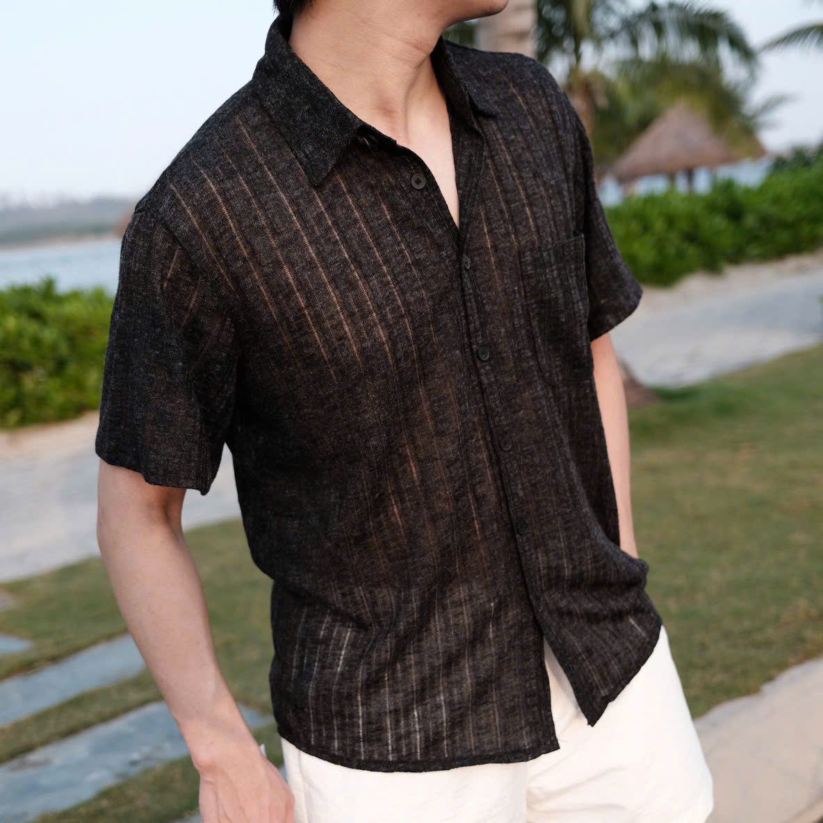  [ẢNH THẬT] Sơ Mi Đũi Ngắn Tay Nam Túi Ngực 7019 