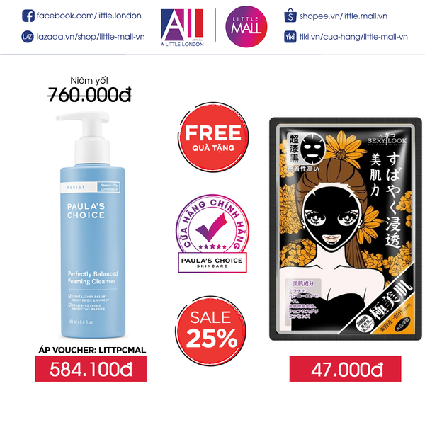 Sữa rửa mặt cân bằng da Paula's Choice resist perfectly balanced foaming cleanser 190ml TẶNG mặt nạ Sexylook (Nhập khẩu)