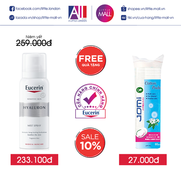 Xịt dưỡng ẩm Eucerin hyaluron mist spray 150ml TẶNG bông tẩy trang Jomi (Nhập khẩu)