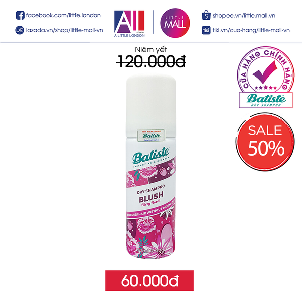 Dầu gội khô hương phấn hoa Batiste Dry Shampoo 50ml - Blush (Nhập khẩu)