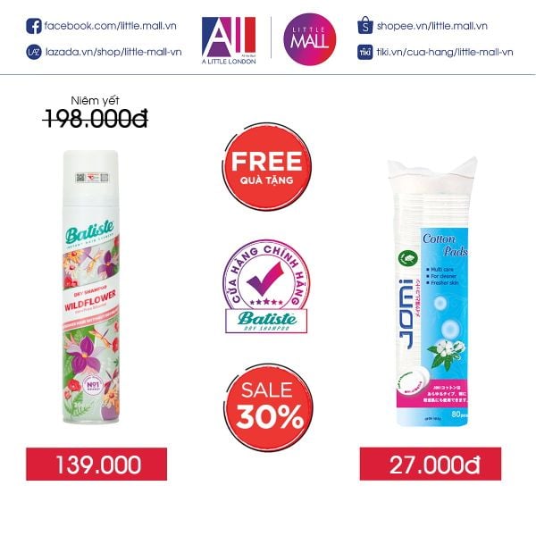 Dầu gội khô hương hoa cỏ nữ tính Batiste dry shampoo wildflower 200ml TẶNG bông tẩy trang Jomi (Nhập khẩu)