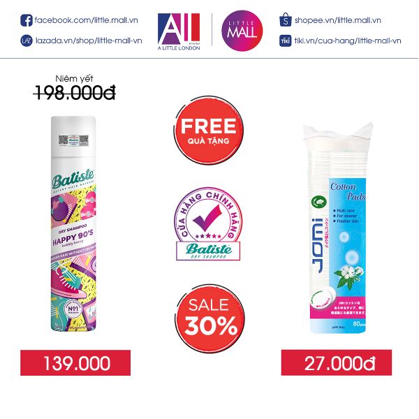 Dầu gội khô hương dâu tây Batiste Dry Shampoo Happy 90's Bubbly Berry 200ml TẶNG bông tẩy trang Jomi (Nhập khẩu)