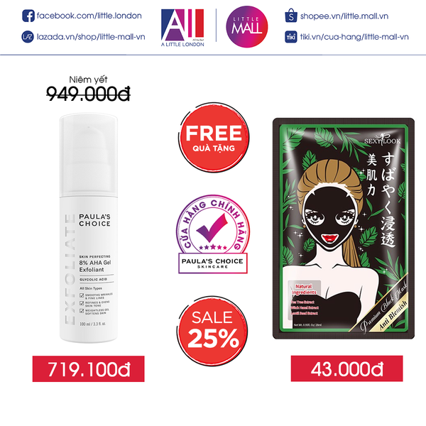 Gel tẩy tế bào chết  Paula's Choice skin perfecting 8% AHA gel exfoliant 100ml TẶNG miếng mặt nạ Sexylook (Nhập khẩu)