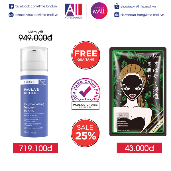 Kem làm mềm da, loại bỏ tế bào chết Paula's Choice resist daily smoothing treatment 5% AHA 50ml TẶNG mặt nạ Sexylook (Nhập khẩu)