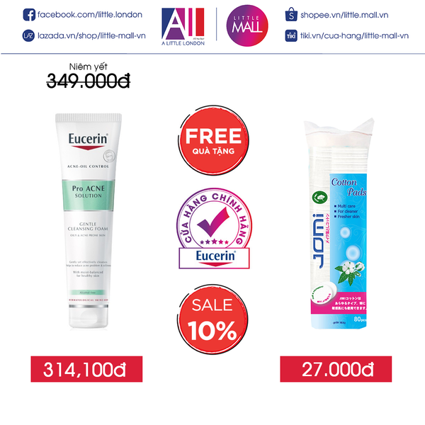 Sữa rửa mặt tạo bọt da mụn Eucerin proacne cleansing foam 150g TẶNG bông tẩy trang Jomi / mặt nạ Sexylook tràm trà (Nhập khẩu)