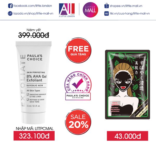 Gel tẩy tế bào chết Paula's Choice skin perfecting 8% AHA gel exfoliant 15ml TẶNG mặt nạ Sexylook (Nhập khẩu)