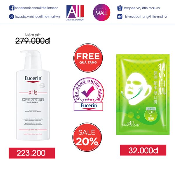 Sữa rửa mặt không gây kích ứng Eucerin pH5 Facial Cleanser 400ml TẶNG mặt nạ Sexylook (Nhập khẩu)