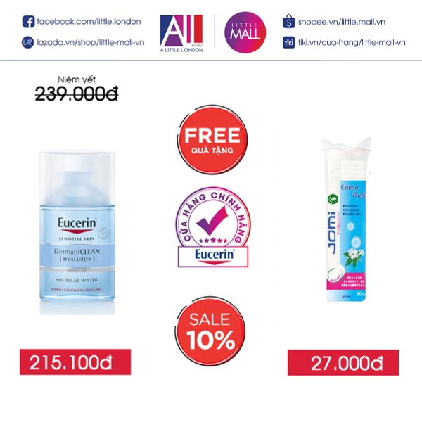 Nước tẩy trang dịu nhẹ Eucerin dermato clean hyaluron micellar water 100ml TẶNG bông tẩy trang Jomi (Nhập khẩu)