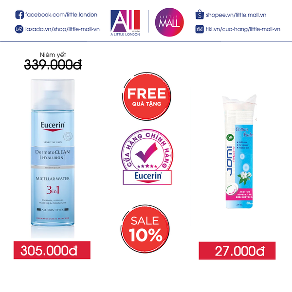 Nước tẩy trang dịu nhẹ cho da nhạy cảm Eucerin dermato clean hyaluron micellar water 3 in 1 200ml TẶNG bông tẩy trang Jomi (Nhập khẩu)