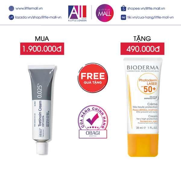 Kem giảm mụn, chống lão hoá da Obagi tretinoin 0.025% cream 20g TẶNG kem chống nắng Bioderma (Nhập khẩu)