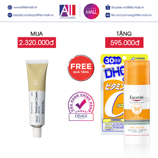 Kem giảm mụn, nám, thâm, chống lão hoá da Obagi Tretinoin 0.1% Cream 20g TẶNG kem chống nắng Eucerin và viên uống DHC (Nhập khẩu)