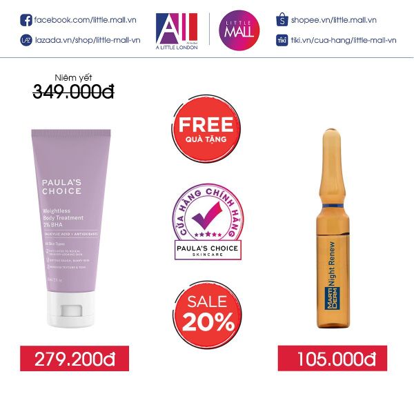 Kem dưỡng thể chứa 2% BHA Paula's Choice Weightless Body Treatment 2% BHA 60ml TẶNG Ampoule chống lão hóa Martiderm (Nhập khẩu)