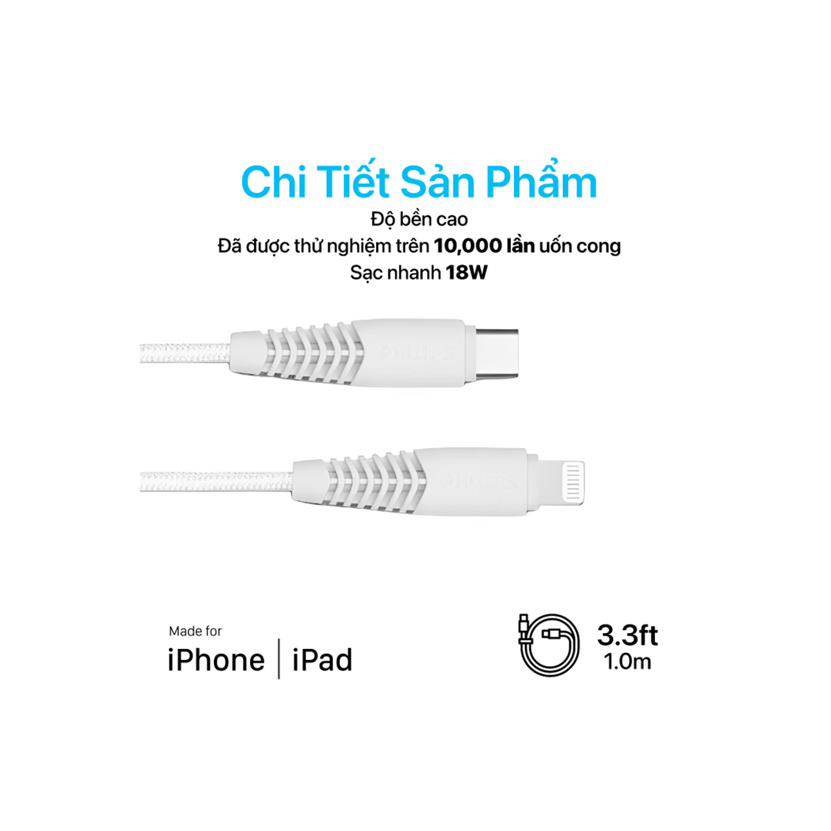  Cáp sạc Philips DLC5541 Type C to Lightning chuẩn MFI 1.0M 