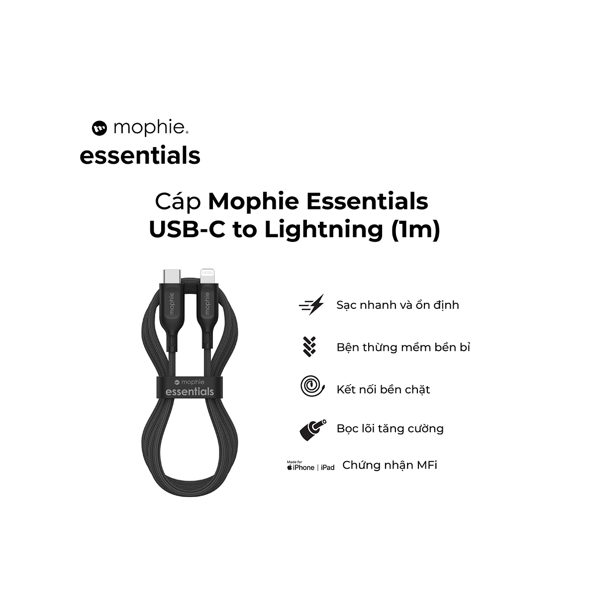  Cáp Mophie Essentials USB-C to Lightning 1m 