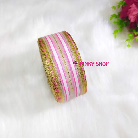 Ruy băng, dây ruy băng sọc 3 màu kim tuyến 4cm màu vàng hồng Pinky Shop 4cm (còn gọi là ruy băng 4 phân, 4p, có bề rộng 4 cm) Mã BR3VH1