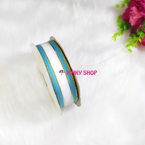 Ruy băng, dây ruy băng sọc 3 màu kim tuyến Pinky Shop 2,5 cm (còn gọi là ruy băng 2,5 phân, 2,5p, có bề rộng 2,5 cm) màu xanh dương nhạt mẫu số 1 - Mã RBS3KTXDN1