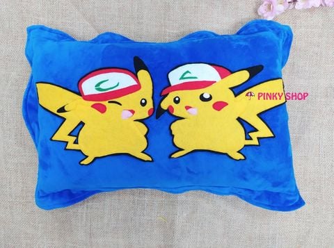 Gối handmade vải nỉ chữ nhật tặng cho bé trai màu xanh đậm hình Pikachu Mã GHMBT1