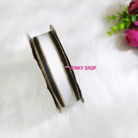 Ruy băng, dây ruy băng sọc 3 màu kim tuyến Pinky Shop 2,5 cm (còn gọi là ruy băng 2,5 phân, 2,5p, có bề rộng 2,5 cm) màu trắng đen mẫu số 1 mã RBS3KTTĐ1